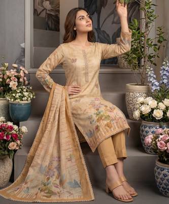 Beige colour pure cotton linen shimmer printed salwar suit with dupatta 2