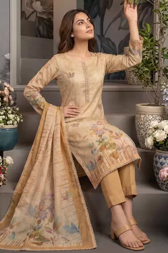 Beige colour pure cotton linen shimmer printed salwar suit with dupatta