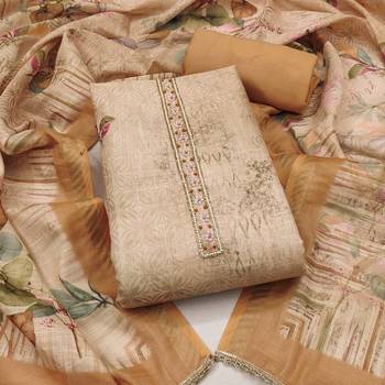 Beige colour pure cotton linen shimmer printed salwar suit with dupatta 3