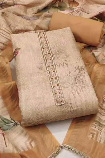 Beige colour pure cotton linen shimmer printed salwar suit with dupatta
