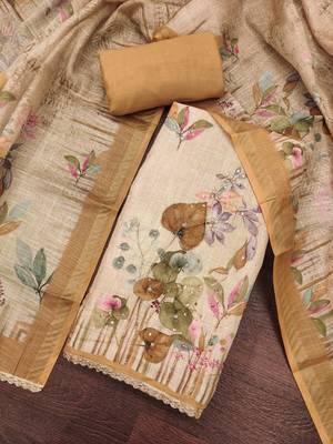 Beige colour pure cotton linen shimmer printed salwar suit with dupatta 4