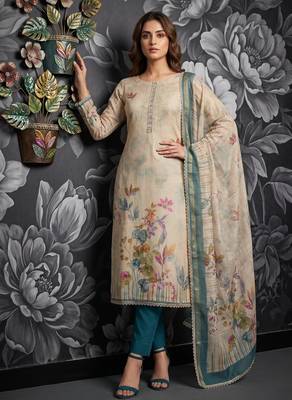 Teal blue colour pure cotton linen shimmer printed salwar suit with dupatta 1
