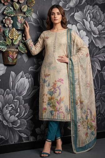 Teal blue colour pure cotton linen shimmer printed salwar suit with dupatta
