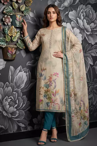 Teal blue colour pure cotton linen shimmer printed salwar suit with dupatta