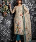 Teal blue colour pure cotton linen shimmer printed salwar suit with dupatta