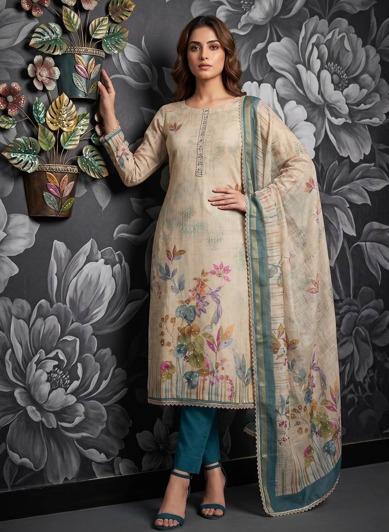Teal blue colour pure cotton linen shimmer printed salwar suit with dupatta