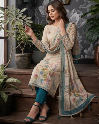 Teal blue colour pure cotton linen shimmer printed salwar suit with dupatta 2
