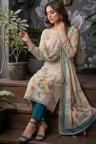 Teal blue colour pure cotton linen shimmer printed salwar suit with dupatta