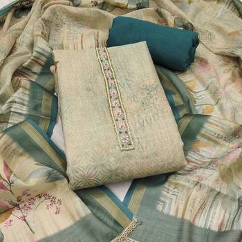 Teal blue colour pure cotton linen shimmer printed salwar suit with dupatta 3
