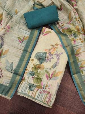Teal blue colour pure cotton linen shimmer printed salwar suit with dupatta 4