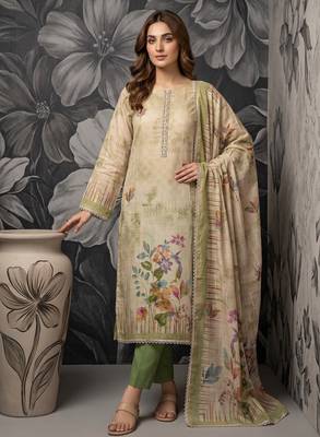 Green colour pure cotton linen shimmer printed salwar suit with dupatta 1