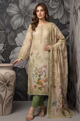 Green colour pure cotton linen shimmer printed salwar suit with dupatta