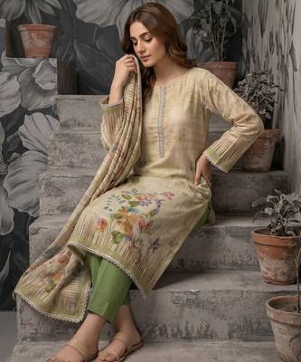 Green colour pure cotton linen shimmer printed salwar suit with dupatta 2