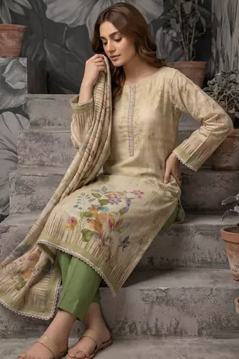 Green colour pure cotton linen shimmer printed salwar suit with dupatta