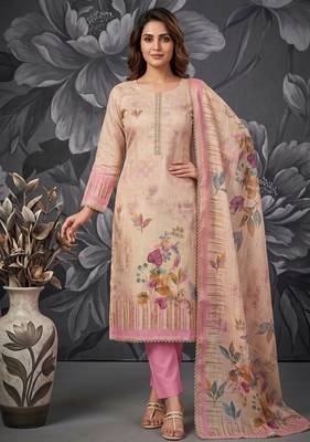 Pink colour pure cotton linen shimmer printed salwar suit with dupatta 1