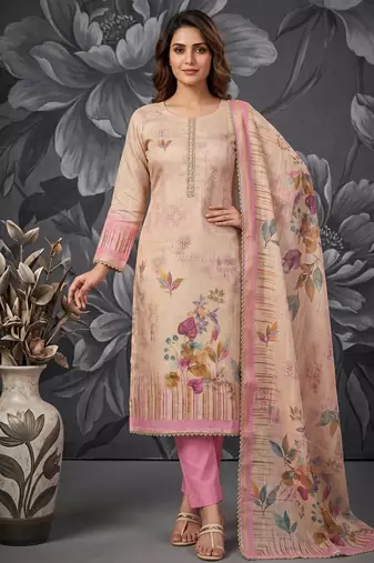 Pink colour pure cotton linen shimmer printed salwar suit with dupatta