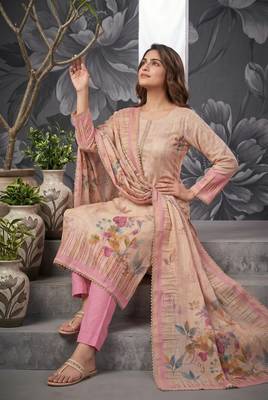 Pink colour pure cotton linen shimmer printed salwar suit with dupatta 2