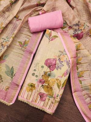 Pink colour pure cotton linen shimmer printed salwar suit with dupatta 4