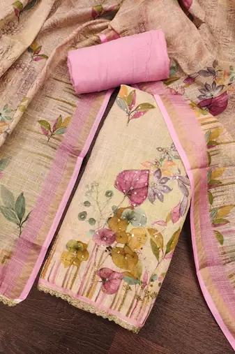 Pink colour pure cotton linen shimmer printed salwar suit with dupatta