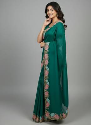 Deep mint green star georgette pastel floral resham & zari embroidery saree 3