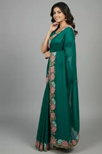 Deep mint green star georgette pastel floral resham & zari embroidery saree