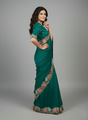Deep mint green star georgette pastel floral resham & zari embroidery saree 4