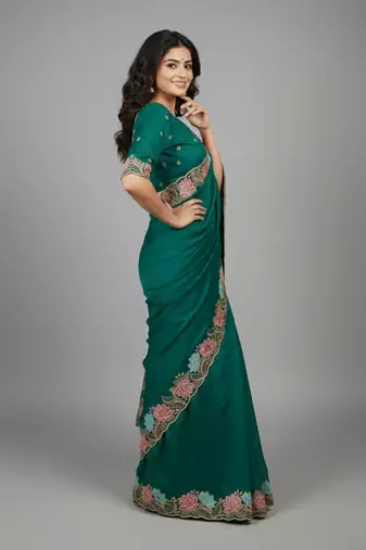 Deep mint green star georgette pastel floral resham & zari embroidery saree