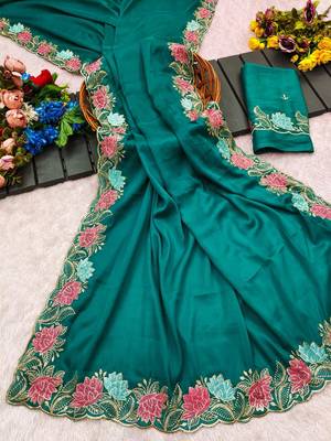 Deep mint green star georgette pastel floral resham & zari embroidery saree 5