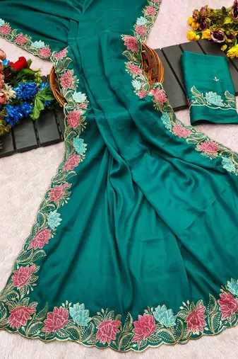 Deep mint green star georgette pastel floral resham & zari embroidery saree