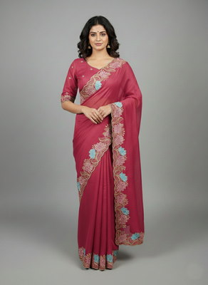 Peach star georgette pastel floral resham & zari embroidery saree 1