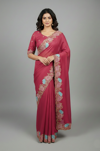 Peach star georgette pastel floral resham & zari embroidery saree