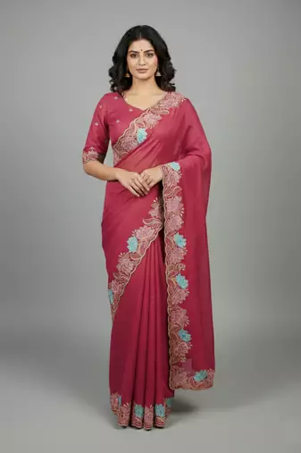 Peach star georgette pastel floral resham & zari embroidery saree