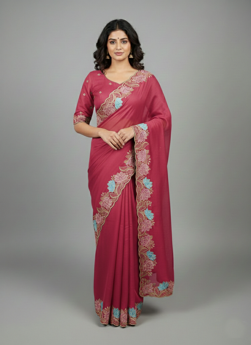 Peach star georgette pastel floral resham & zari embroidery saree