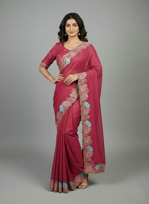 Peach star georgette pastel floral resham & zari embroidery saree 2