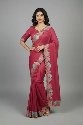 Peach star georgette pastel floral resham & zari embroidery saree