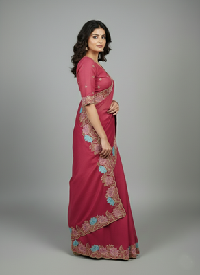 Peach star georgette pastel floral resham & zari embroidery saree 3
