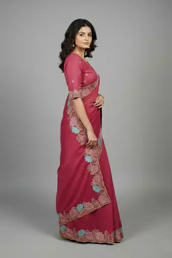 Peach star georgette pastel floral resham & zari embroidery saree