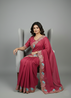 Peach star georgette pastel floral resham & zari embroidery saree 4