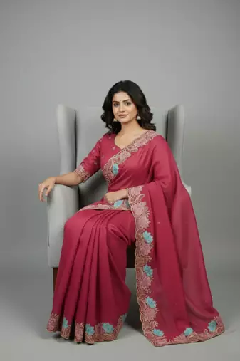 Peach star georgette pastel floral resham & zari embroidery saree
