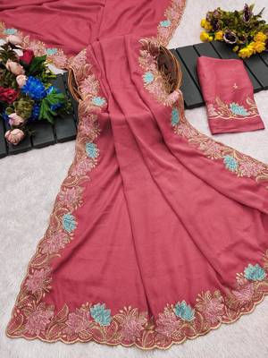 Peach star georgette pastel floral resham & zari embroidery saree 5