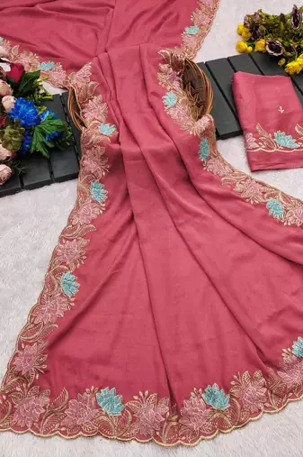 Peach star georgette pastel floral resham & zari embroidery saree
