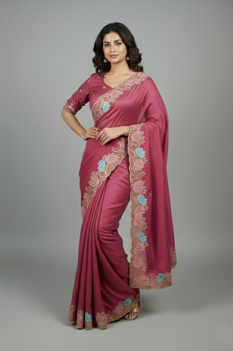 Pink star georgette pastel floral resham & zari embroidery saree