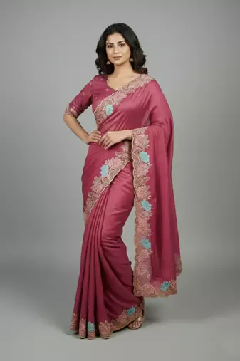 Pink star georgette pastel floral resham & zari embroidery saree