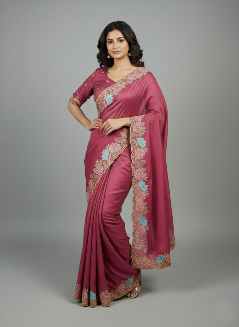 Pink star georgette pastel floral resham & zari embroidery saree