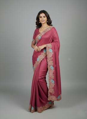 Pink star georgette pastel floral resham & zari embroidery saree 2