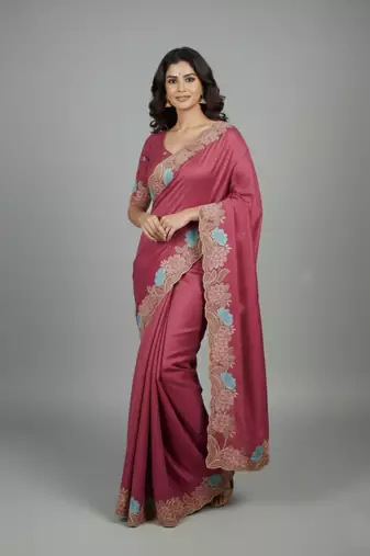 Pink star georgette pastel floral resham & zari embroidery saree