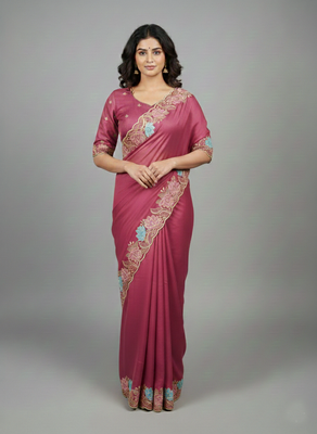 Pink star georgette pastel floral resham & zari embroidery saree 3