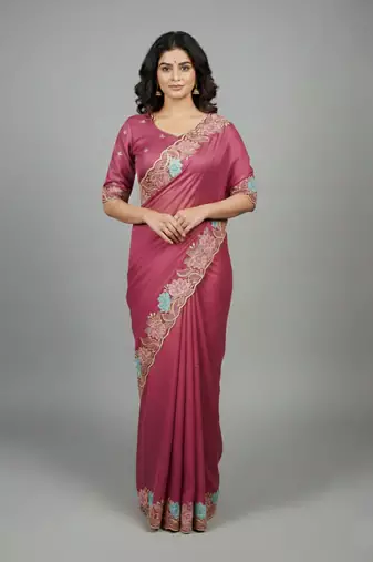Pink star georgette pastel floral resham & zari embroidery saree