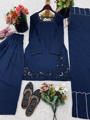 Navy blue embroidered crepe silk farshi suit with dupatta 2