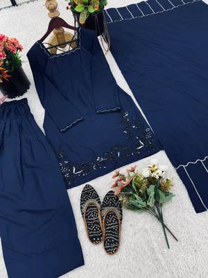 Navy blue embroidered crepe silk farshi suit with dupatta 3